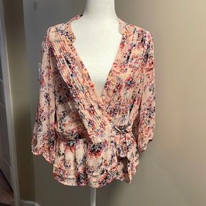 Elle Pink Floral Wrap Blouse-Size XL